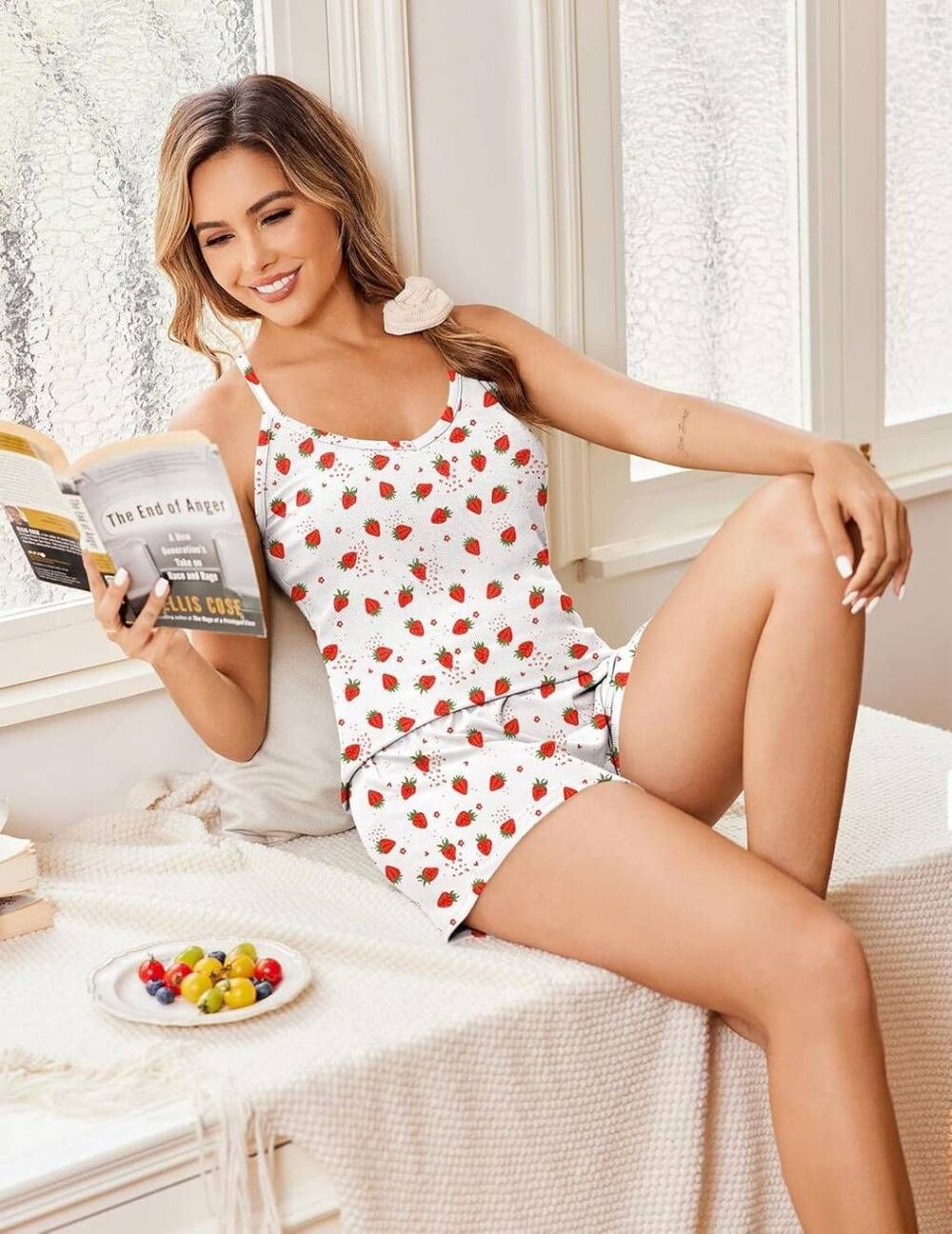 Ekouaer Ribbed Cami Pajamas Set Strawberry Print NWOT